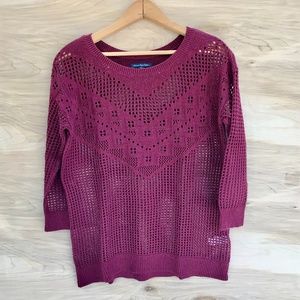 American Eagle Maroon Mesh Knit 3/4 Sleeve Sweater
